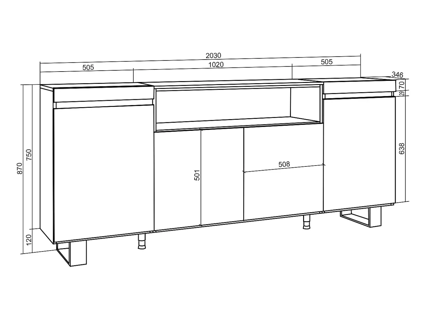 Aparadores para salón, 200x35x87cm, 4 Puertas, Diseño industrial, Negro