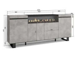 Aparadores para salón, 200x35x87cm, 4 Puertas, Chimenea eléctrica, Diseño industrial, Cemento