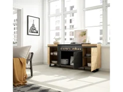 Aparadores para salón, 200x35x87cm, 4 Puertas, Chimenea eléctrica, Diseño industrial, Roble y negro