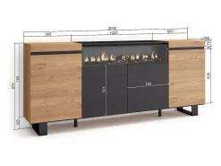 Aparadores para salón, 200x35x87cm, 4 Puertas, Chimenea eléctrica, Diseño industrial, Roble y negro