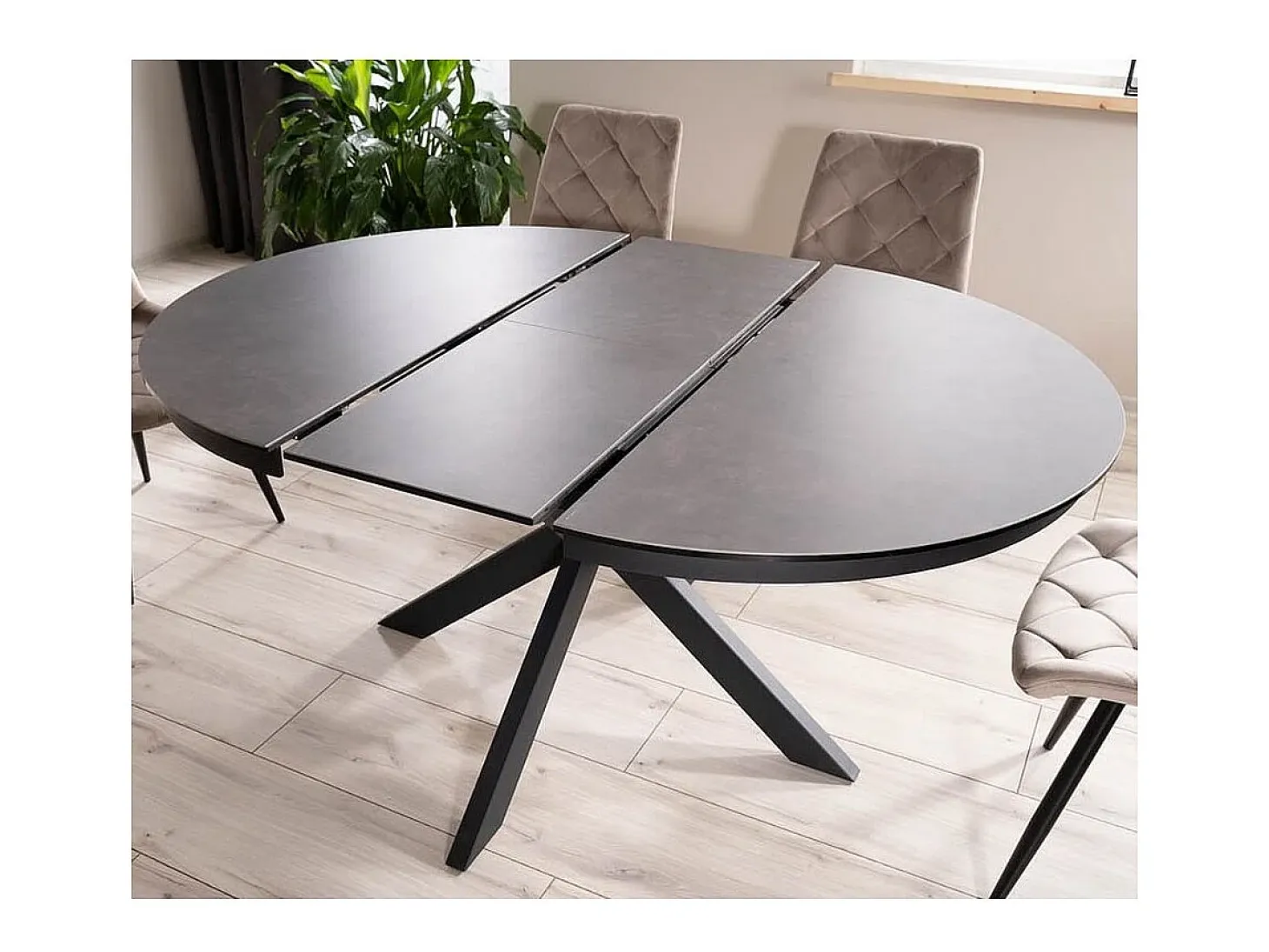 Arena 120cm mesa redonda extensible de diseño gris oscuro con patas negro mate