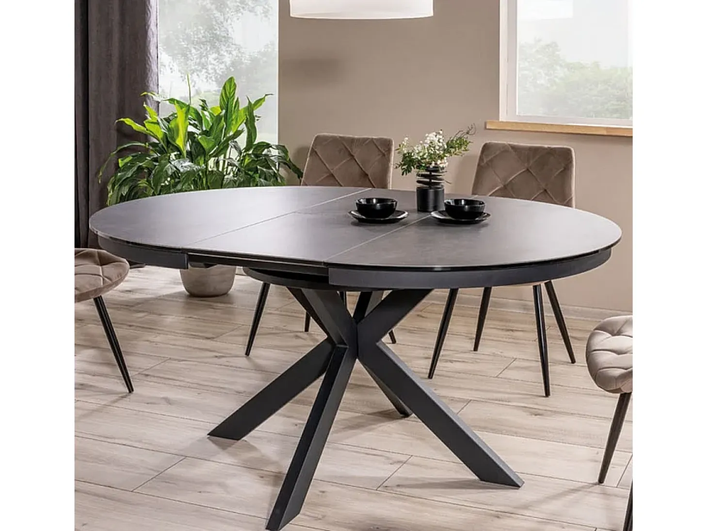 Arena 120cm mesa redonda extensible de diseño gris oscuro con patas negro mate