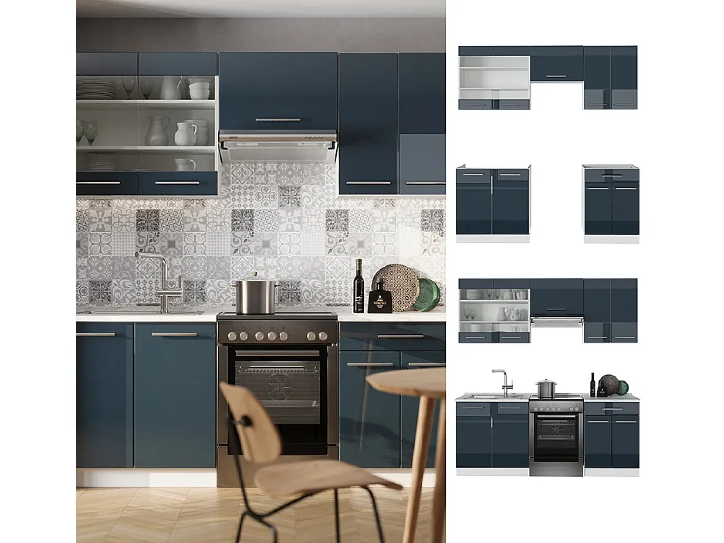 Armarios de cocina azul oscuro alto brillo/blanco 200x60x81.6 fame-line