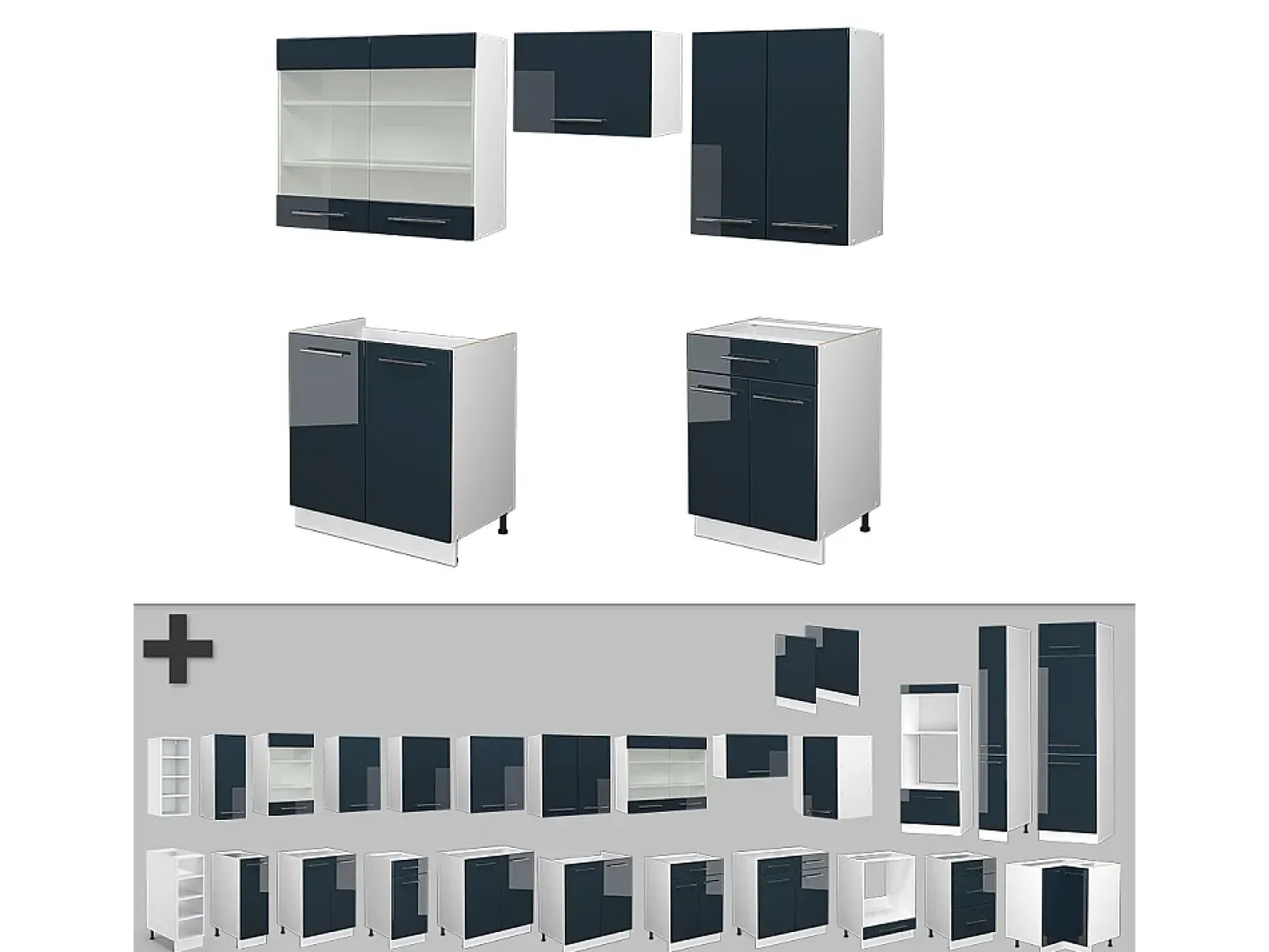 Armarios de cocina azul oscuro alto brillo/blanco 200x60x81.6 fame-line