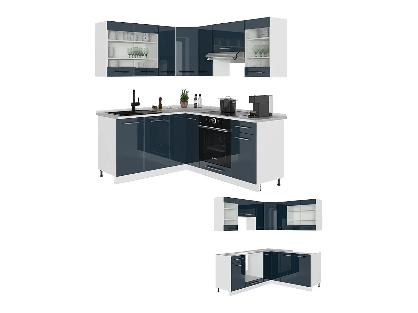 Armarios de cocina azul oscuro alto brillo/blanco 190x60x81.6 fame-line