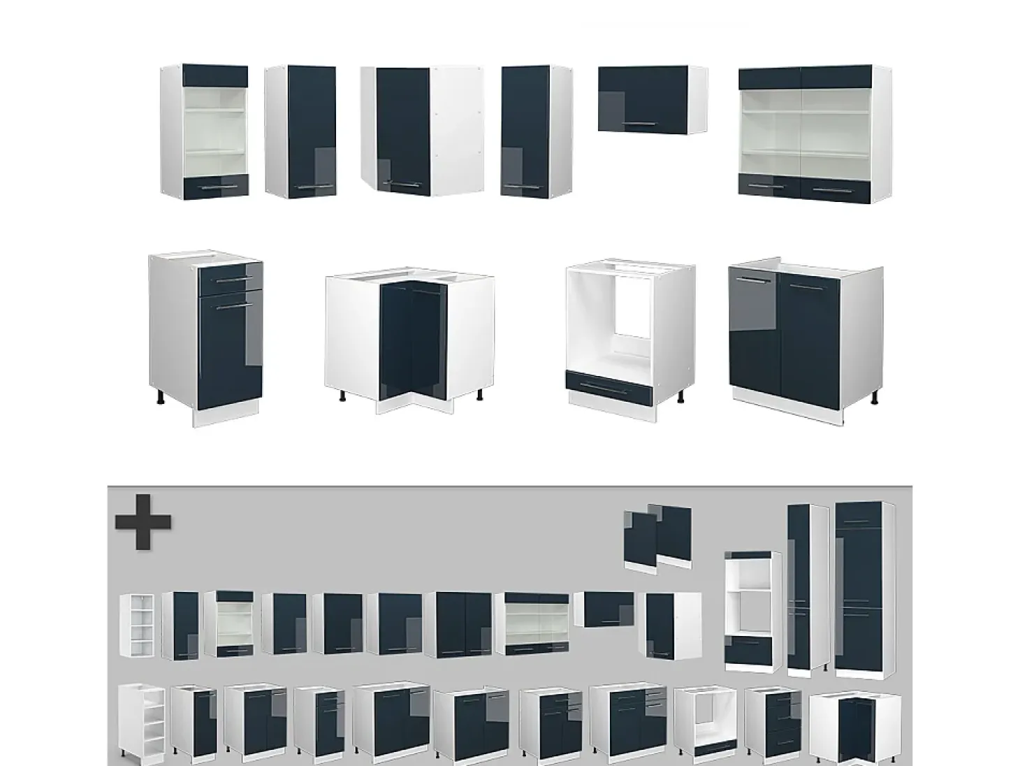 Armarios de cocina azul oscuro alto brillo/blanco 190x60x81.6 fame-line