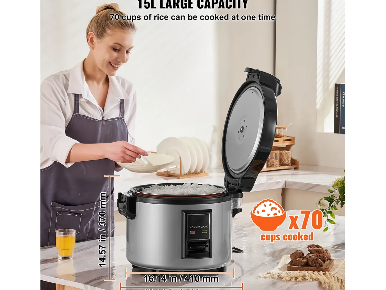 Arrocera Comercial SucceBuy, 70 Tazas 15 L Antiadherente Caliente para Restaurantes