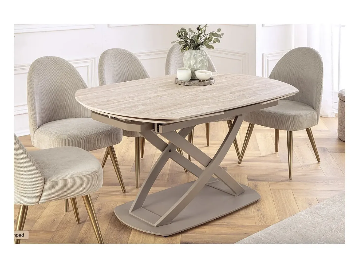 ATONIA – Oval extensible 130 a 190 cm – Superficie de cerámica efecto mármol beige – Patas de metal – Estilo moderno