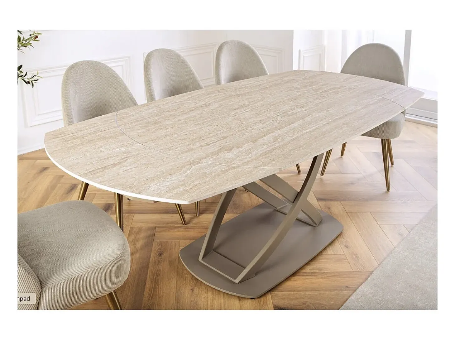 ATONIA – Oval extensible 130 a 190 cm – Superficie de cerámica efecto mármol beige – Patas de metal – Estilo moderno