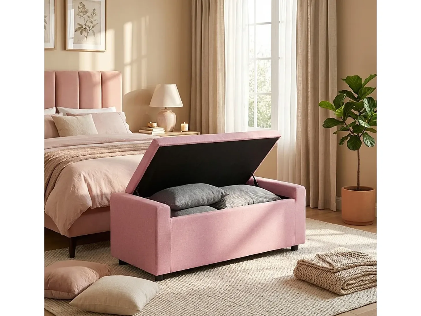 Banco con almacenamiento de tela para dormitorio y recibidor Merak - Rosa