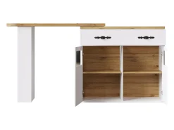 Bar buffet extensible y giratorio 360° con espacio de almacenamiento, 138–204 cm, blanco, con estantes