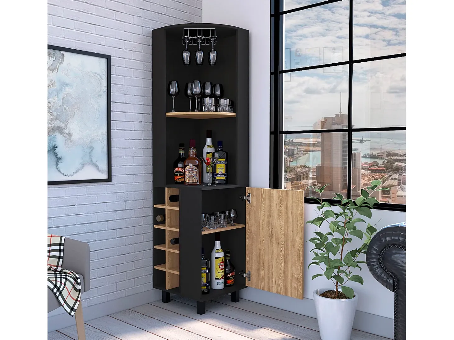 Bar Esquinero Kaia, con 1 Puerta y Botellero , 179.83 cm X 44.95 cm X 44.95 cm , Multicolor