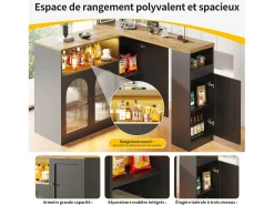 Bar giratorio 360°, 198 x 39,6 x 97 cm, negro, acabado imitación madera, puerta de cristal con iluminación LED