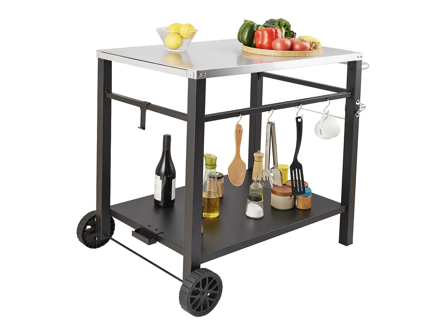 Barbecue a Gas SucceBuy Carrito de Comedor para Barbecue Exterior, Carrito de Preparación de Alimentos Móvil de Doble Estante para la Terraza