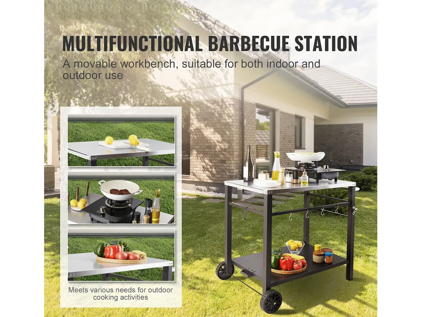 Barbecue a Gas SucceBuy Carrito de Comedor para Barbecue Exterior, Carrito de Preparación de Alimentos Móvil de Doble Estante para la Terraza