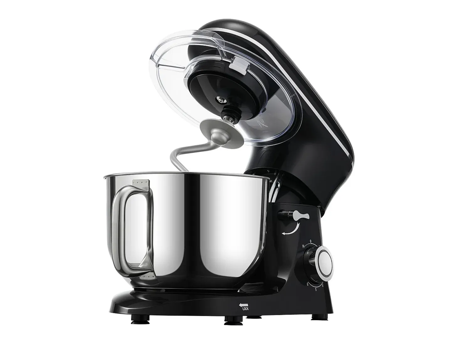 Batidora de Pie SucceBuy, Batidora Eléctrica de 5.68L y 1400 W con Cuenco de Acero Inoxidable, Gancho, Batidor, Mezclador, Raspador, Negro
