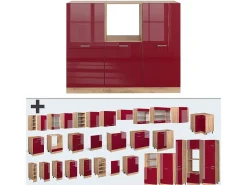 Bloque de cocina rojo brillo intenso/roble dorado 180x46x81.6 r-line
