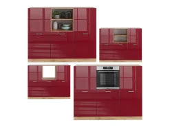 Bloque de cocina rojo brillo intenso/roble dorado 180x46x81.6 r-line