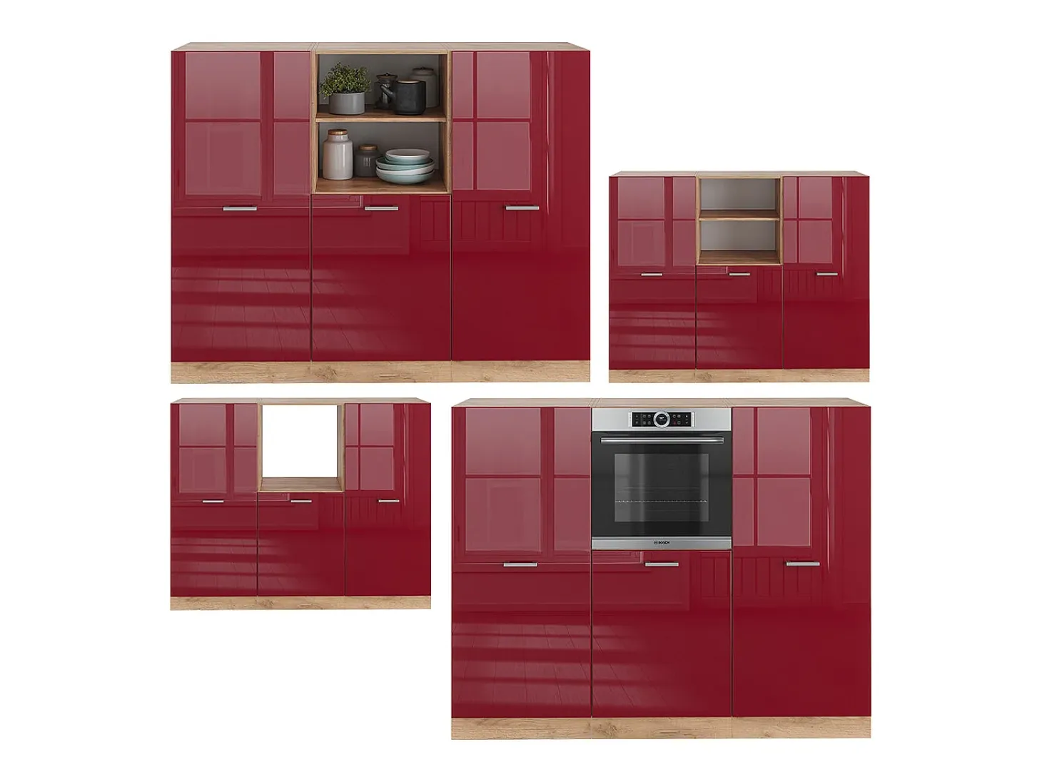 Bloque de cocina rojo brillo intenso/roble dorado 180x46x81.6 r-line