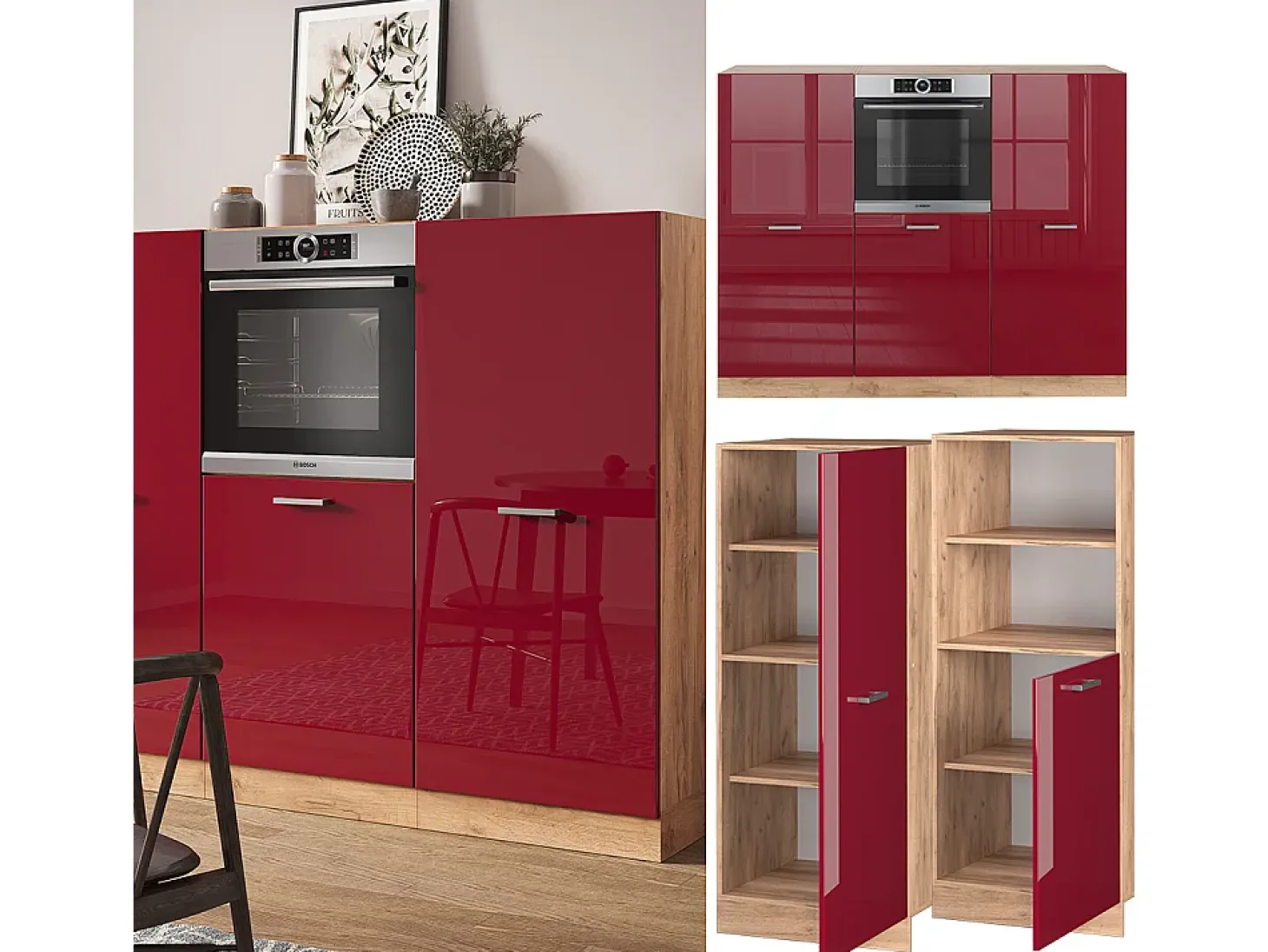Bloque de cocina rojo brillo intenso/roble dorado 180x46x81.6 r-line