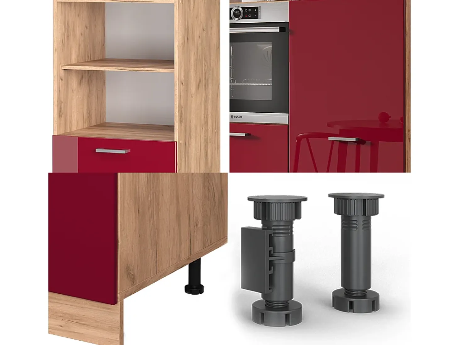 Bloque de cocina rojo brillo intenso/roble dorado 180x46x81.6 r-line