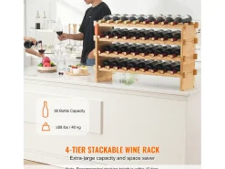 Botellero Apilable SucceBuy de 4 Niveles para 36 Botellas, de Madera de Bambú Natural