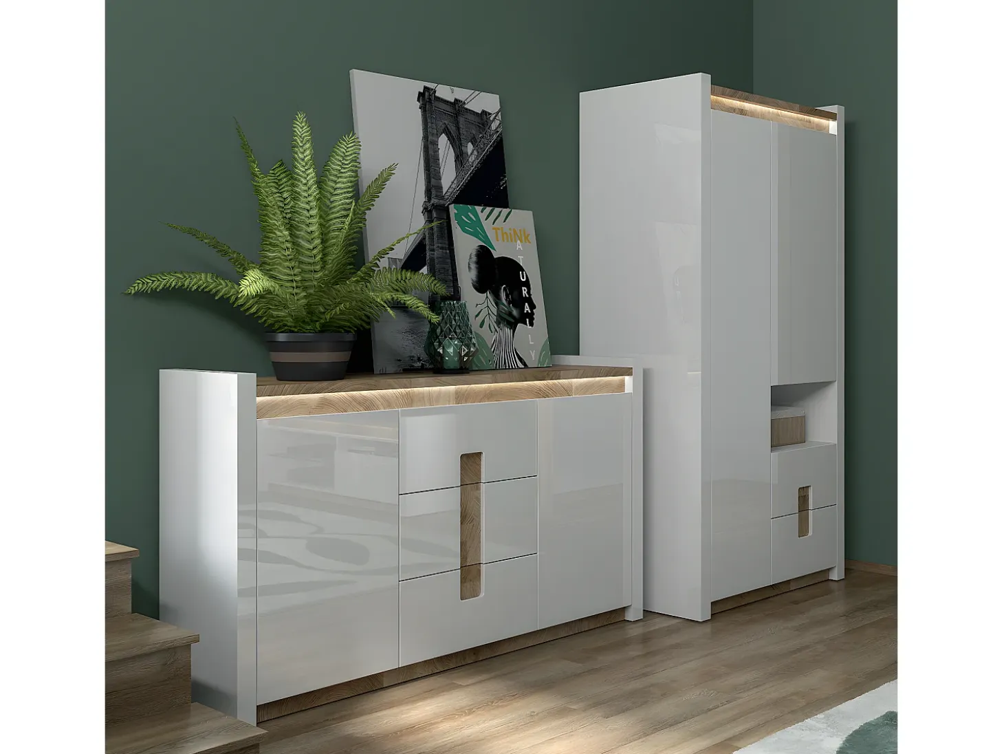 Bufé 2 puertas y 3 cajones con LED Helios Blanco lacado y Madera