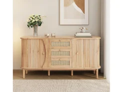Buffé 140,5×40×76 cm - 3 cajones de ratán - 2 puertas correderas - estantes ajustables - natural
