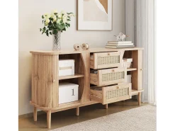 Buffé 140,5×40×76 cm - 3 cajones de ratán - 2 puertas correderas - estantes ajustables - natural