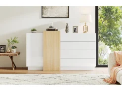 Buffé brillante 140x35x81 cm - con 2 puertas - con 4 cajones - MDF - blanco