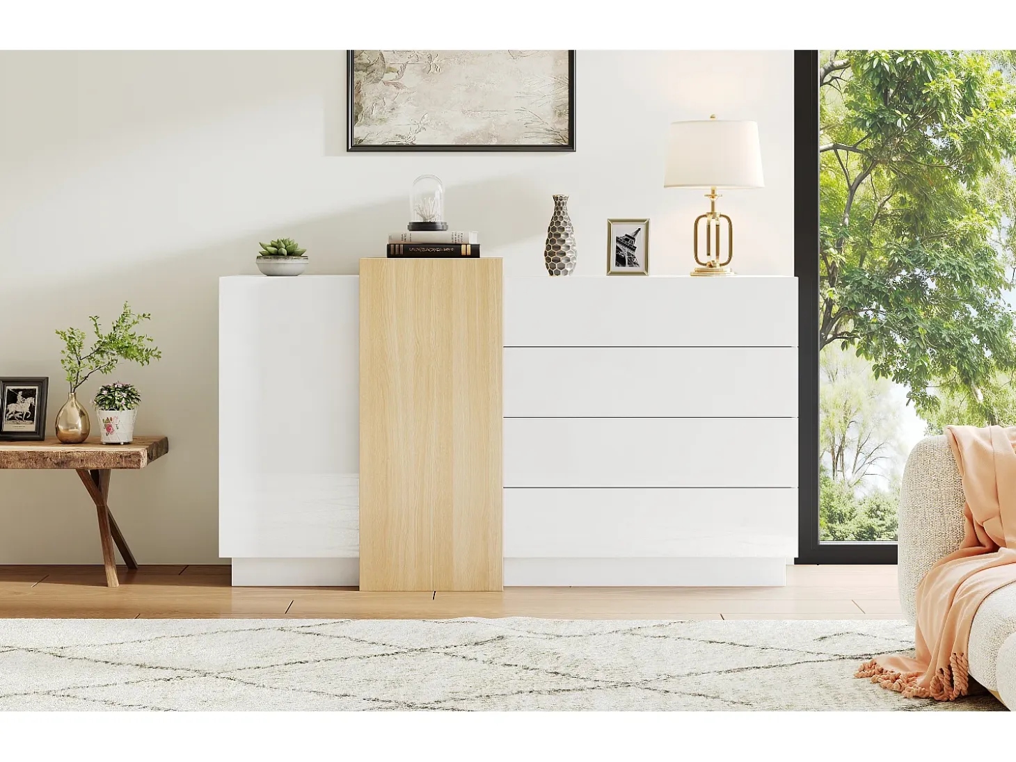 Buffé brillante 140x35x81 cm - con 2 puertas - con 4 cajones - MDF - blanco