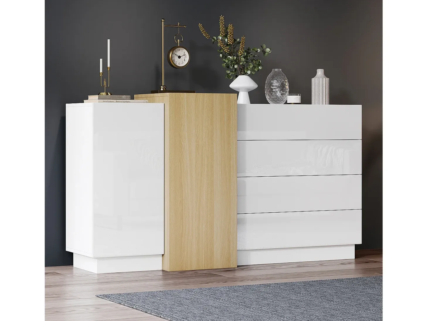 Buffé brillante 140x35x81 cm - con 2 puertas - con 4 cajones - MDF - blanco