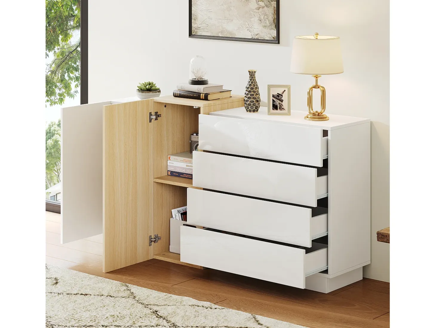 Buffé brillante 140x35x81 cm - con 2 puertas - con 4 cajones - MDF - blanco