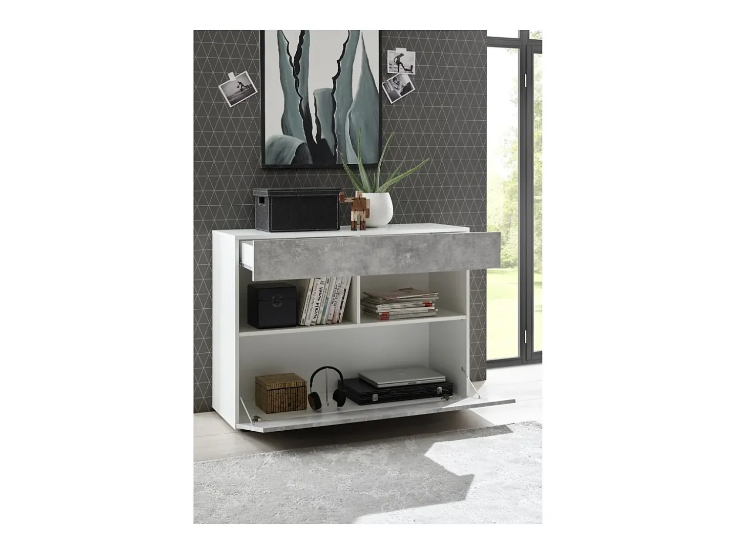 Buffet 1 cajón y 1 puerta abatible, colección SULTANO, color blanco efecto concreto, ideal para su salón.