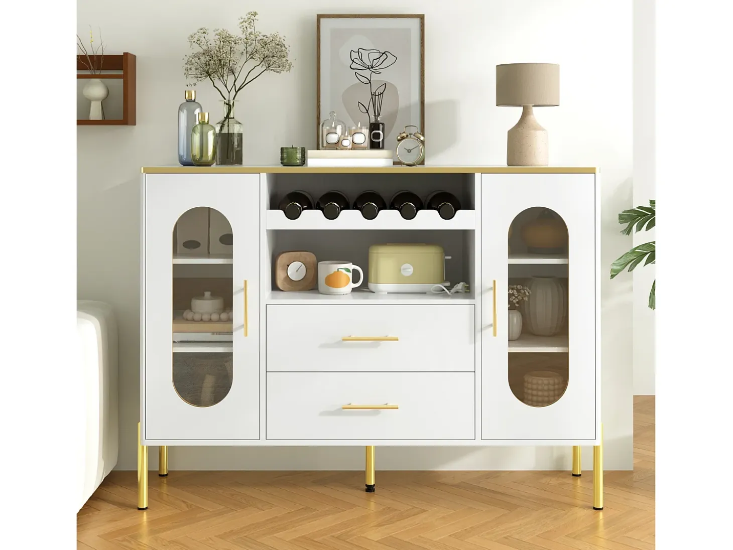 Buffet 120×38×90 cm - 2 puertas y 2 cajones - con portavinos - MDF - blanco