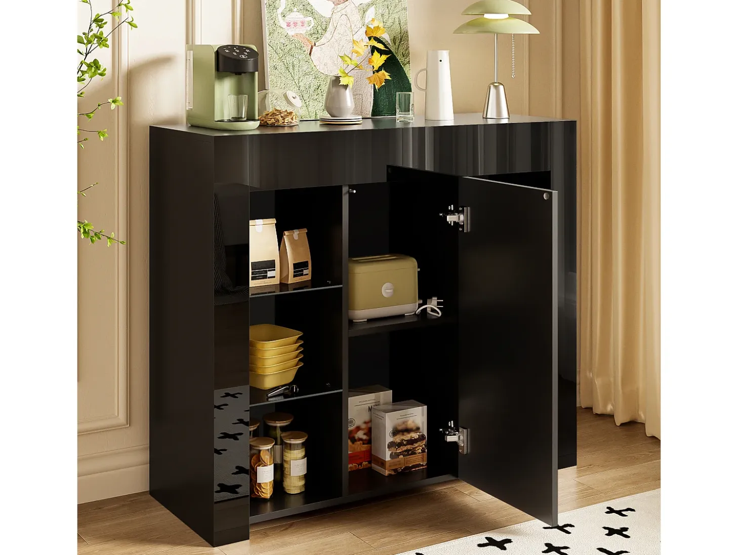 Buffet 95×35×83 cm - acabado brillante - 1 puerta - con estantes de vidrio - paneles de partículas - negro
