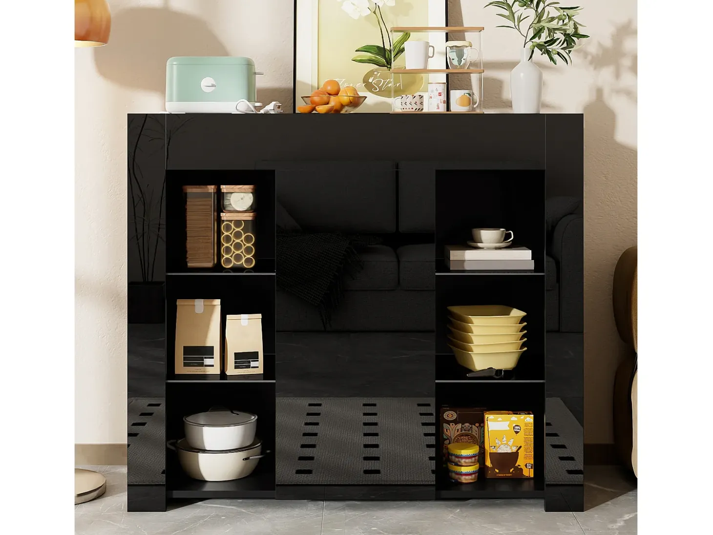 Buffet 95×35×83 cm - acabado brillante - 1 puerta - con estantes de vidrio - paneles de partículas - negro