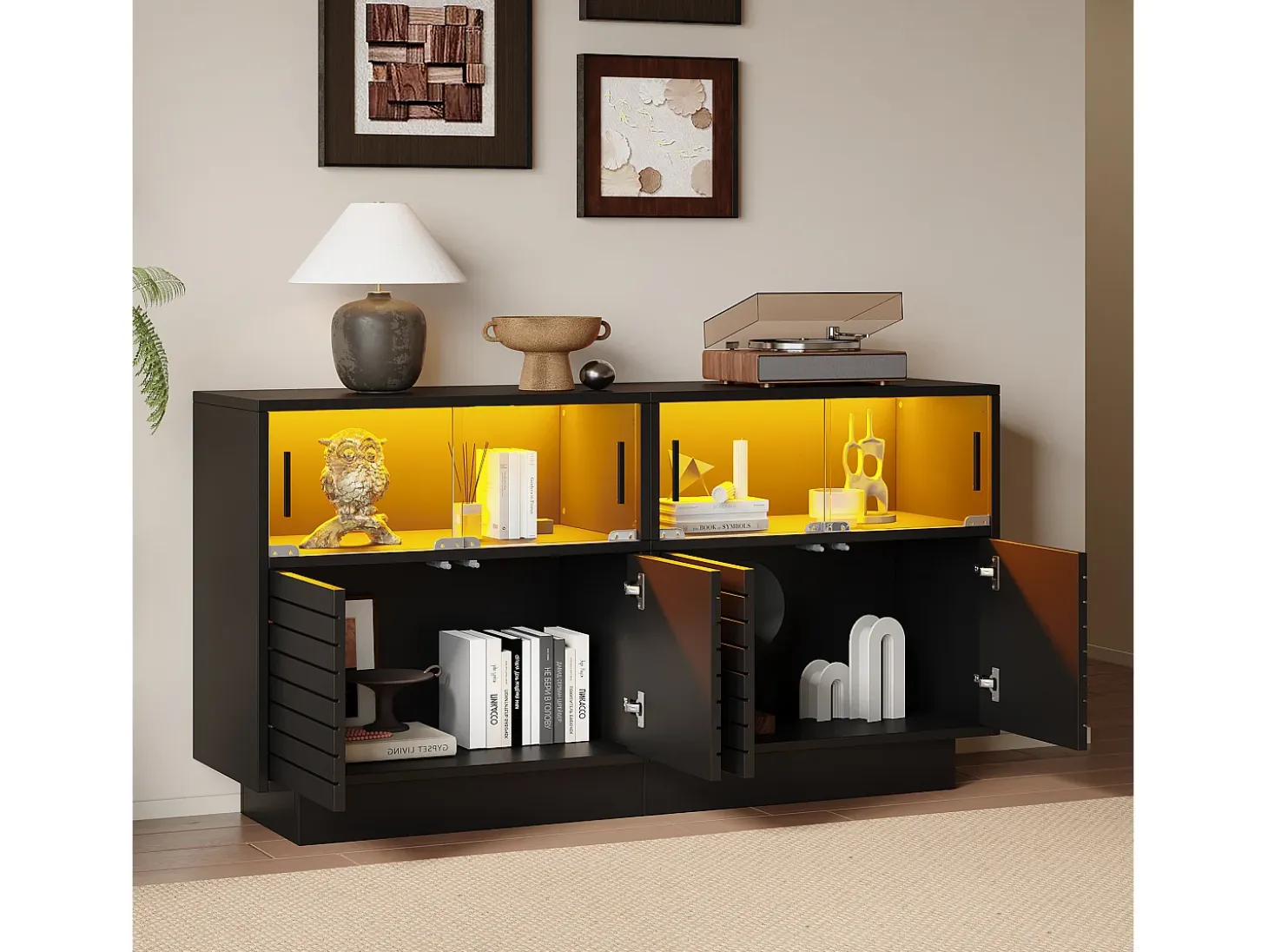 Buffet 130×35×68 cm - con 2 armarios - 4 puertas - con iluminación LED - negro