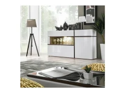Buffet 2 puertas 2 cajones CRISS con LED – Blanco brillante y madera – Diseño moderno