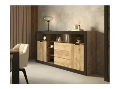 Buffet alto XL MEUNIER – 2 puertas correderas, 3 cajones & 6 nichos – Roble Samdal & negro mate