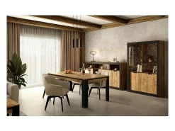 Buffet alto XL MEUNIER – 2 puertas correderas, 3 cajones & 6 nichos – Roble Samdal & negro mate