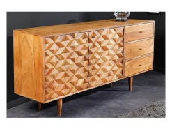 Buffet ARAVIS 145 cm – Madera maciza de acacia claro tallado – 2 puertas y 3 cajones