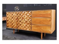 Buffet ARAVIS 145 cm – Madera maciza de acacia claro tallado – 2 puertas y 3 cajones