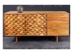Buffet ARAVIS 145 cm – Madera maciza de acacia claro tallado – 2 puertas y 3 cajones