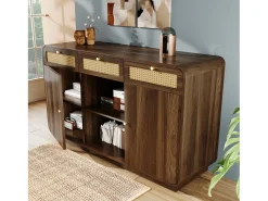 Buffet aspecto nogal 120x40x85cm - con 2 puertas y 3 cajones de ratán - compartimentos abiertos - Nogal