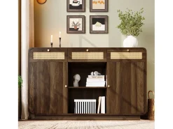 Buffet aspecto nogal 120x40x85cm - con 2 puertas y 3 cajones de ratán - compartimentos abiertos - Nogal