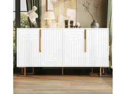 Buffet blanco con diseño geométrico, poignées y pieds dorés, MDF, (152x40x75 cm)