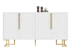 Buffet blanco con diseño geométrico, poignées y pieds dorés, MDF, (152x40x75 cm)