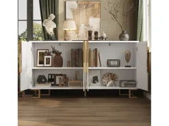Buffet blanco con diseño geométrico, poignées y pieds dorés, MDF, (152x40x75 cm)