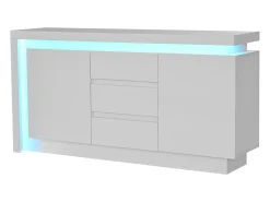 Buffet brillante 140×35×72 cm - 2 puertas y 3 cajones - con iluminación LED - con estantes regulables - blanco